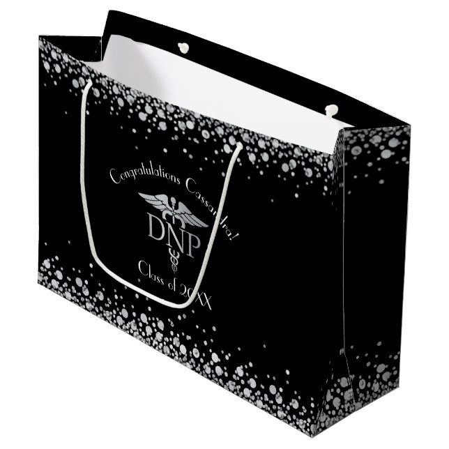 Doctor of Nursing Practice Graduation Black Silver Large Gift Bag (Front Angled)