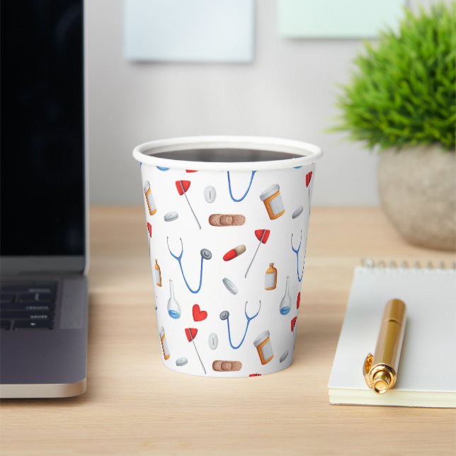 Doctor or Nurse Medical Equipment Pattern Paper Cups (Insitu)