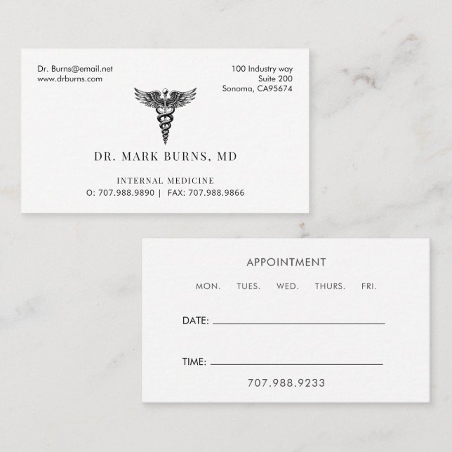 Doctor Physician Caduceus Business And Appointment Business Card (Front/Back)