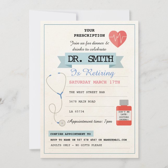 Doctor Prescription Dr. Retiring Party Medical Invitation (Front)