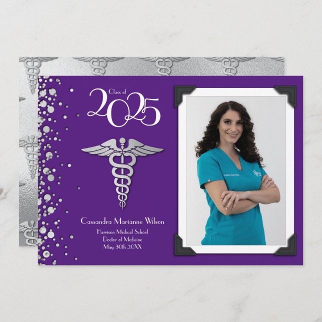 Doctor Silver Graduation Announcement Purple (Front/Back)