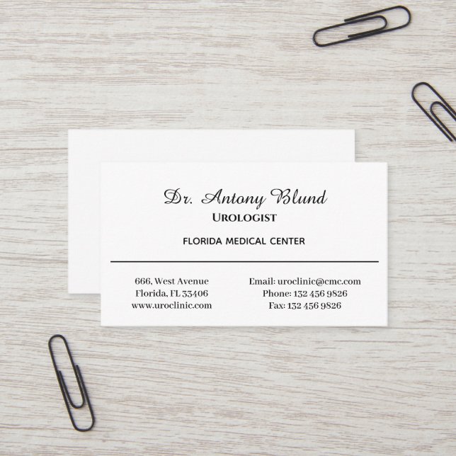 Doctor Urologist Simple White and Black Business Card (Front/Back In Situ)