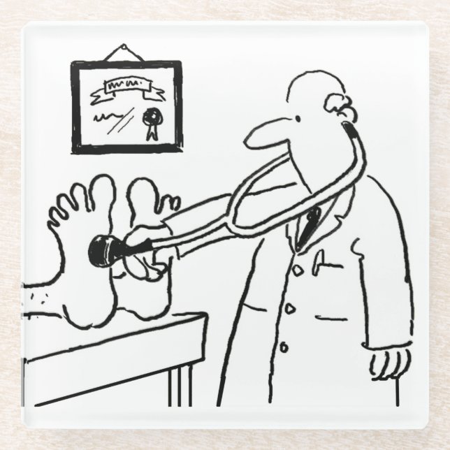 Doctor using his Stethoscope on Feet. Funny Glass Coaster (Front)
