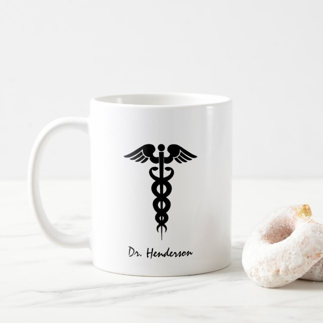 Doctor White Black Caduceus Personalised Coffee Mug (With Donut)