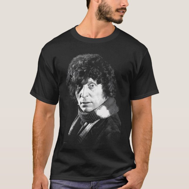 Doctor Who Actor Tom Baker Staring Black  White T-Shirt (Front)