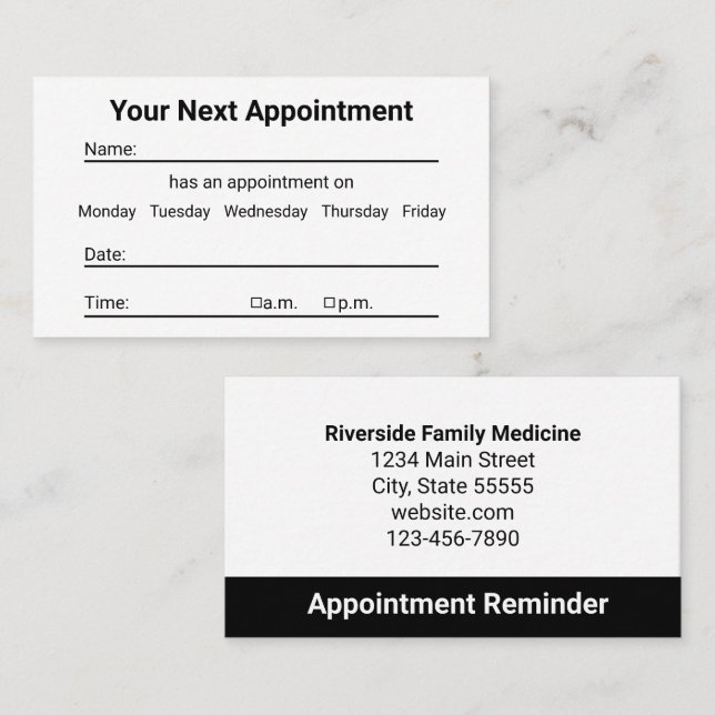 Doctor's Office White Patient Appointment Reminder Card (Front/Back)