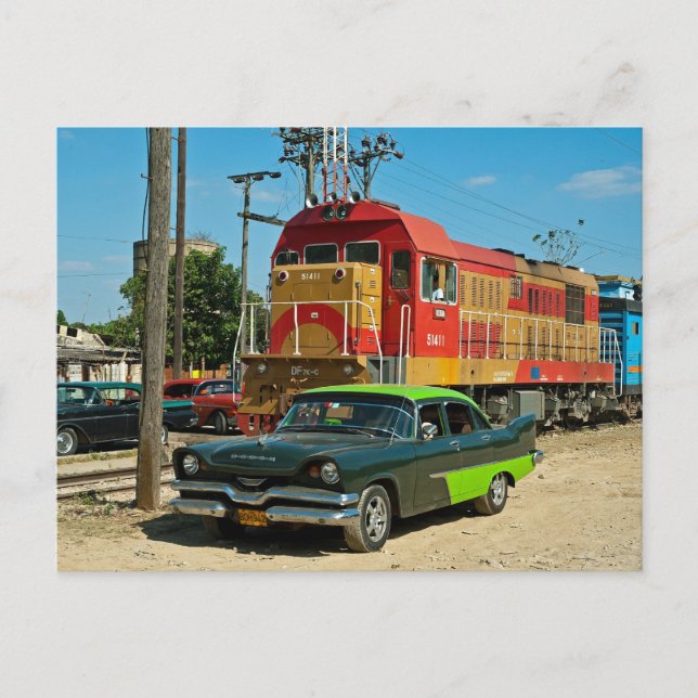 Dodge and diesel locomotive postcard (Front)