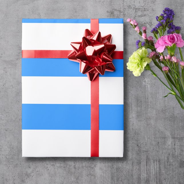 Dodger Blue White Wide Horizontal Striped Wrapping Paper (Creator Uploaded)
