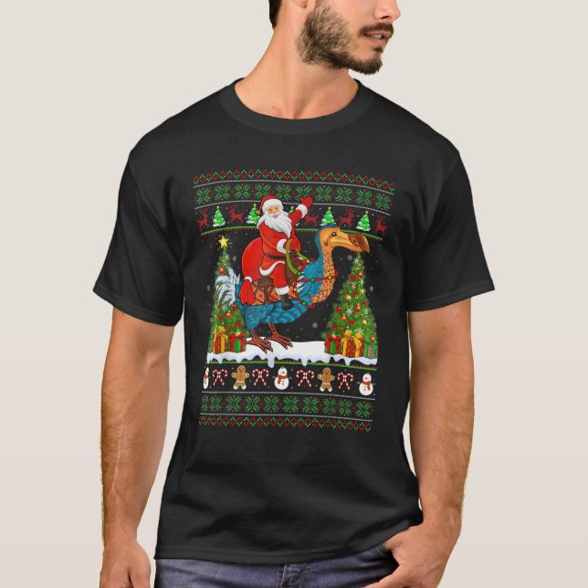 Dodo Bird Lover Funny Ugly Santa Riding Dodo Chris T-Shirt (Front)