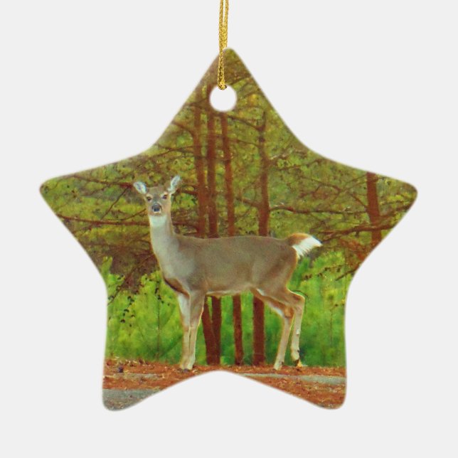 Doe  a deer on the edge of woods ceramic tree decoration (Front)