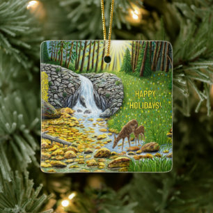 Doe and Fawn Ceramic Ornament