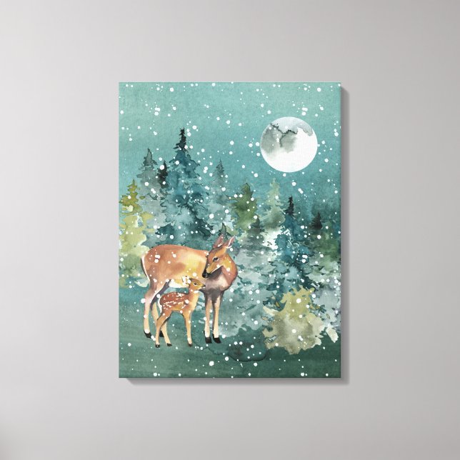 Doe and Fawn Deer Forest Full Moon Snowfall Canvas Print (Front)