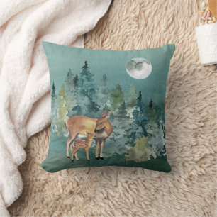 Doe and Fawn Deer in Forest Full Moon Cushion