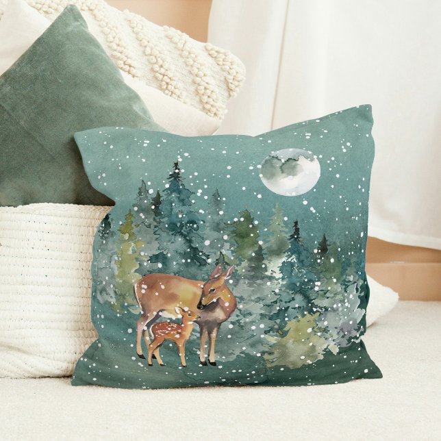 Doe and Fawn Deer in Forest Full Moon Snowfall Cushion (Doe and Fawn Deer in Forest Full Moon Snowfall Christmas Throw Pillow)