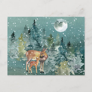 Doe and Fawn Deer in Forest Full Moon Snowfall Postcard
