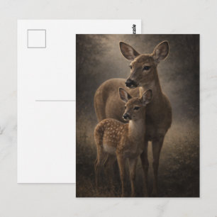 Doe and Fawn Deer Wildlife Art Postcard