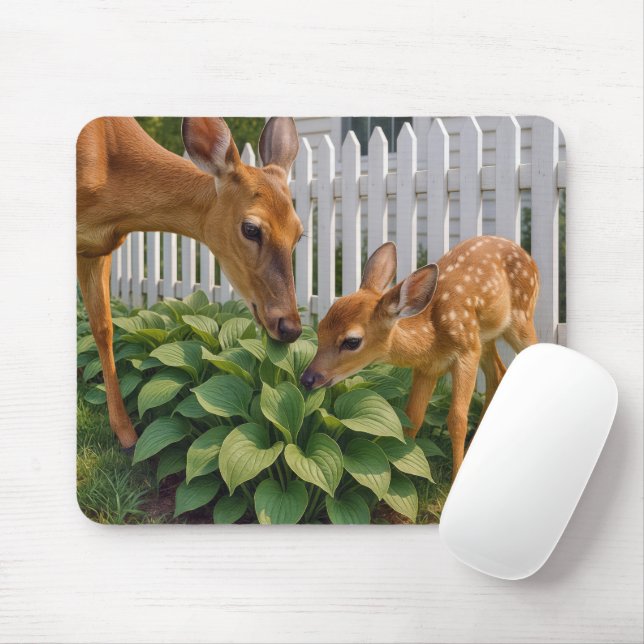 Doe and Fawn Eating Hosta Mouse Mat (With Mouse)