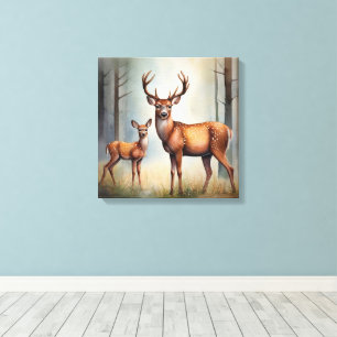 Doe And Fawn In Woodland Light Landscape Canvas Print