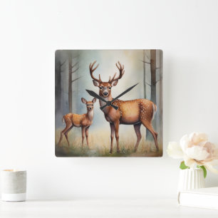 Doe And Fawn In Woodland Light Landscape Square Wall Clock