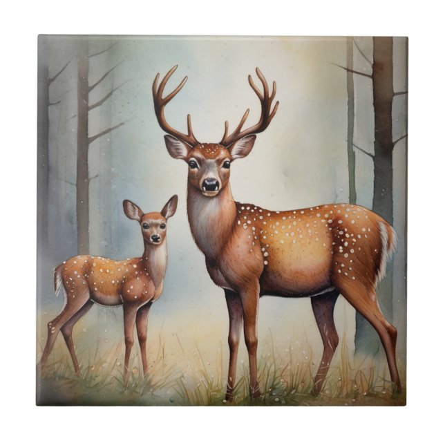 Doe And Fawn In Woodland Light Landscape Tile (Front)
