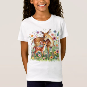 Doe Deer and Fawn Standing in Wildflowers Kids T-Shirt