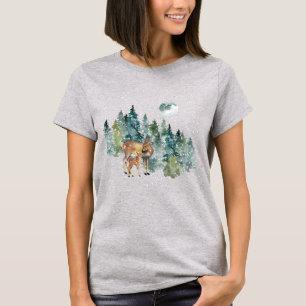 Doe Fawn Deer Forest Full Moon Snowfall Christmas T-Shirt