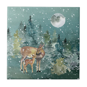 Doe Fawn Deer Forest Full Moon Snowfall Watercolor Tile