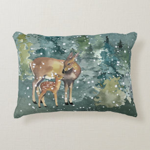 Doe Fawn Deer in Forest Snowfall Decorative Cushion