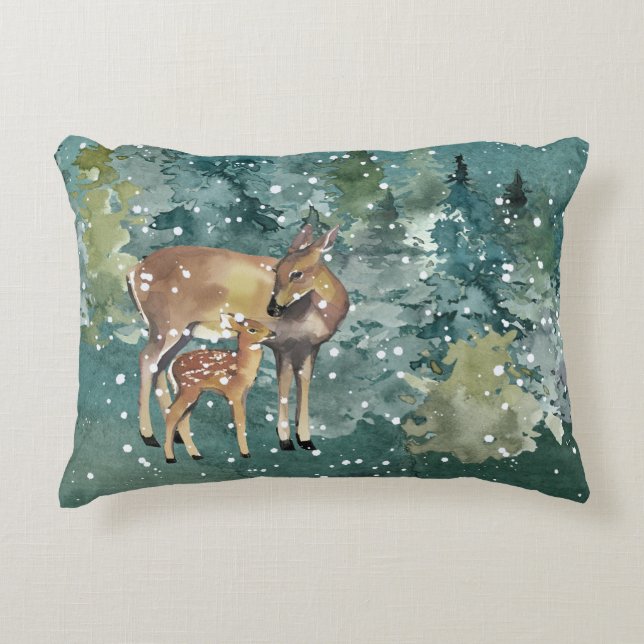 Doe Fawn Deer in Forest Snowfall Decorative Cushion (Front)