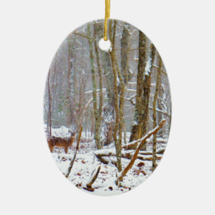 Doe in the snow, Deer in Lake Arrowhead Ceramic Tree Decoration