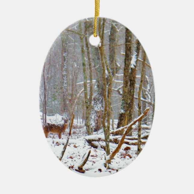 Doe in the snow, Deer in Lake Arrowhead Ceramic Tree Decoration (Front)