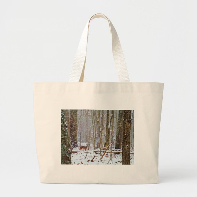 Doe in the snow, Deer in Lake Arrowhead Large Tote Bag (Front)
