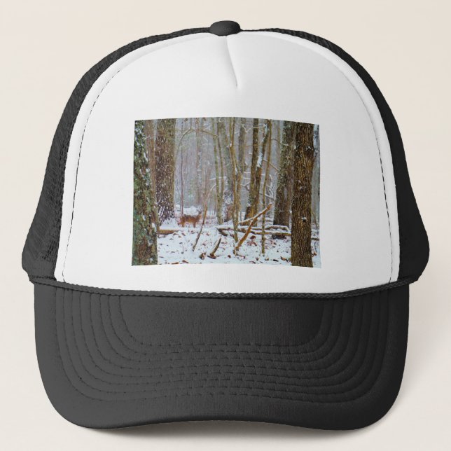 Doe in the snow, Deer in Lake Arrowhead Trucker Hat (Front)