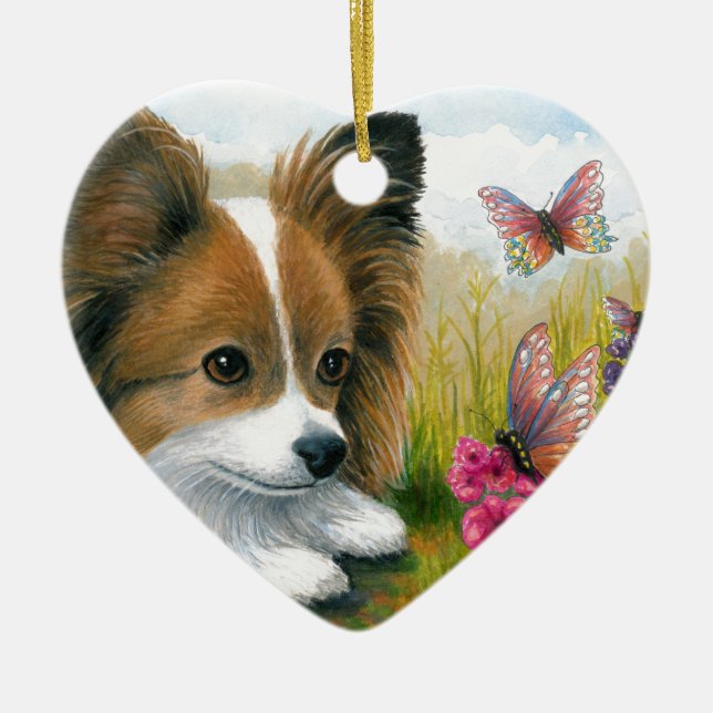 Dog 123 Papillon dog with Butterflies Ceramic Tree Decoration (Front)