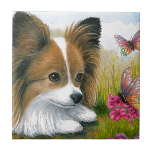Dog 123 Papillon dog with Butterflies Tile