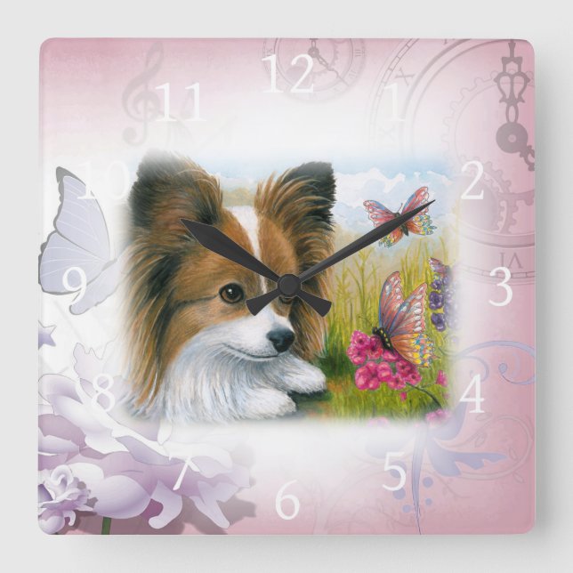 Dog 123 Papillon Square Wall Clock (Front)