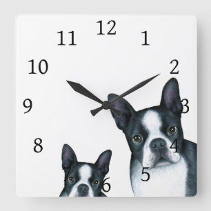 Dog 128 Black White Boston Terrier Square Wall Clock