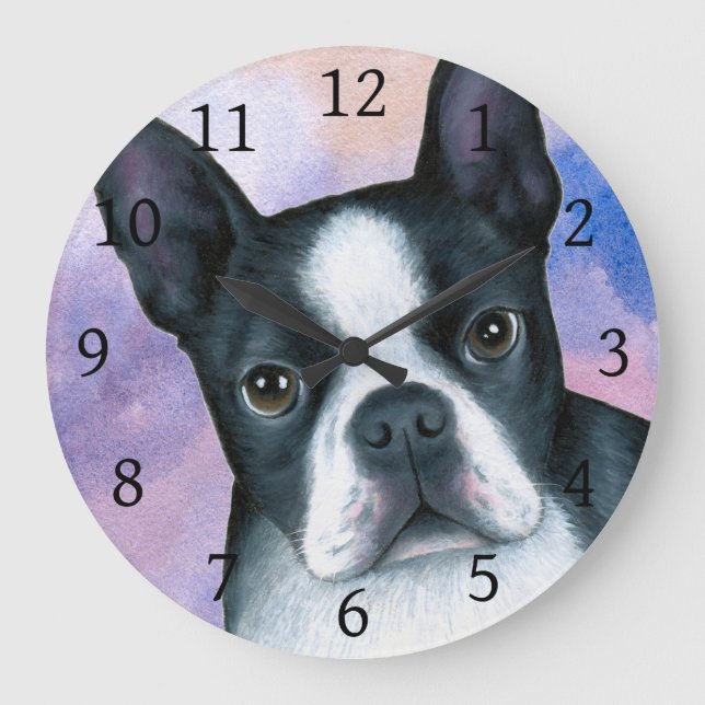 Dog 128 Boston Terrier Pink Blue background Large Clock (Front)