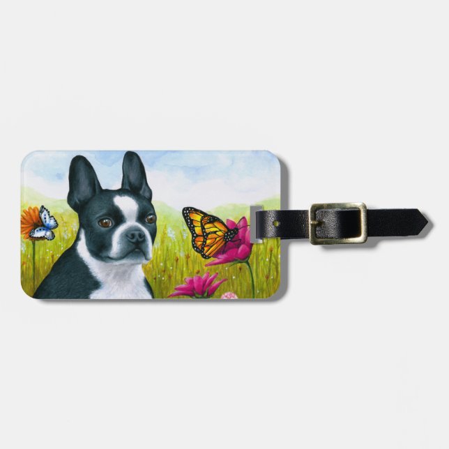 Dog 134 Boston Terrier Butterfly Flower Luggage Tag (Front Horizontal)