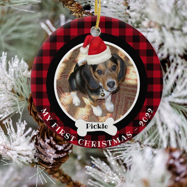  Dog 1st Christmas Photo Buffalo Plaid Santa Hat Ceramic Tree Decoration (Creator Uploaded)