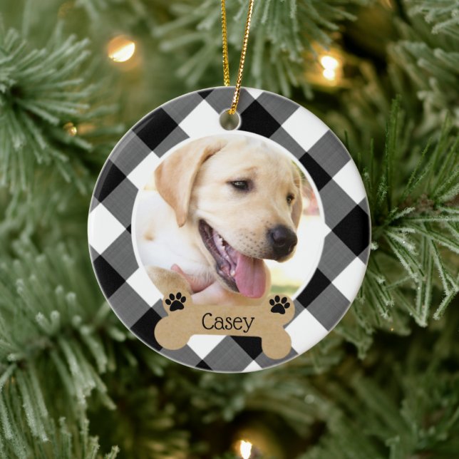 Dog 2-Sided 2-Photo Buffalo Check Ceramic Tree Decoration (Tree)