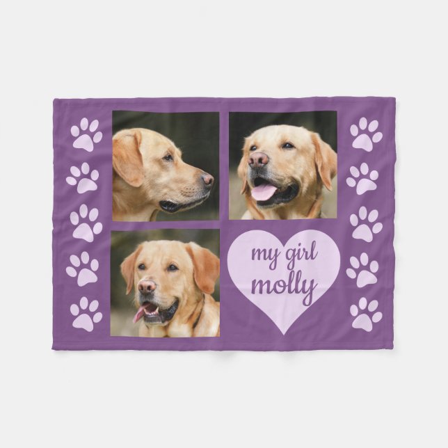 Dog 3 Photo Collage My Girl Purple Name Fleece Blanket (Front (Horizontal))