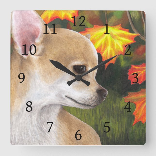 Dog 84 Chihuahua Fall Autumn Square Wall Clock (Front)