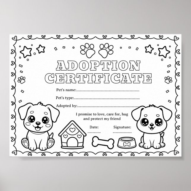 Dog adopt a pet colouring certificate poster (Front)