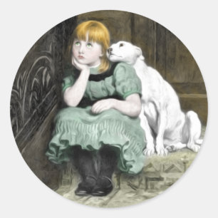 Dog Adoring Girl Victorian Painting Classic Round Sticker