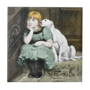 Dog Adoring Girl Victorian Painting Tile