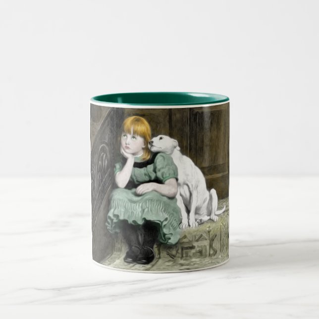 Dog Adoring Girl Victorian Painting Two-Tone Coffee Mug (Center)