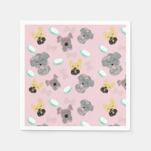 Dog and Bowls Pet Pattern Pink Blue Napkin (Front)