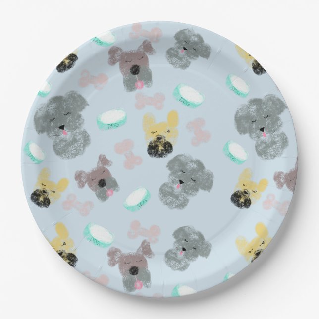 Dog and Bowls Pet Pattern Pink Blue Paper Plate (Front)