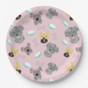 Dog and Bowls Pet Pattern Pink Blue Paper Plate